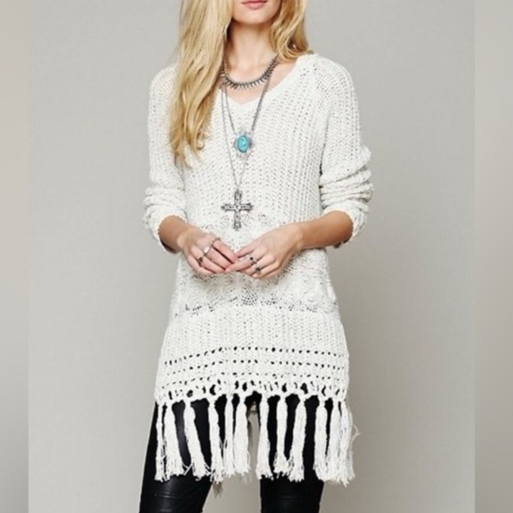FREE PEOPLE SANTA ROSA FRINGE TRIM HOODED SWEATER